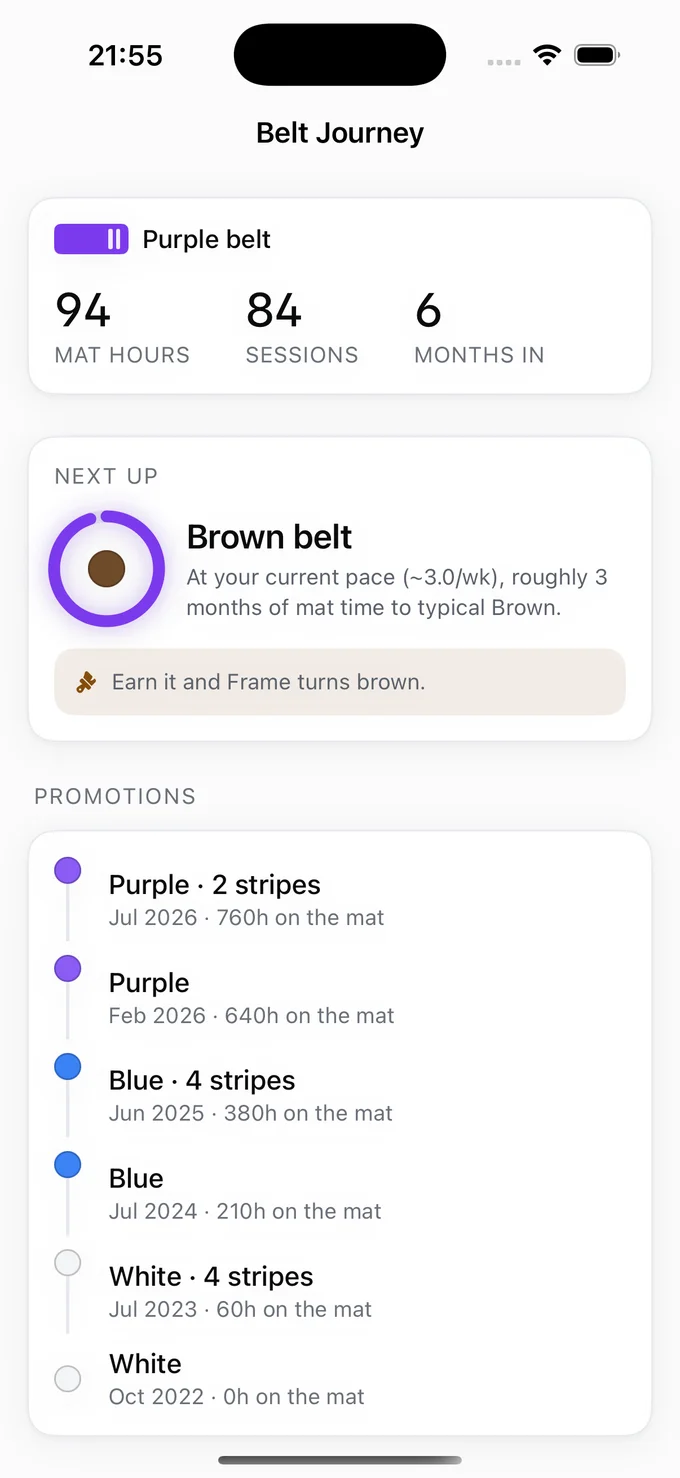 Frame — every promotion with the mat hours behind it, and what the next belt costs at the current pace