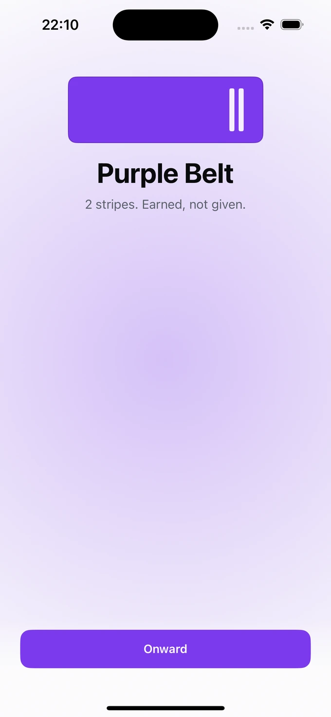 Frame — a belt promotion: Purple Belt, 2 stripes, earned not given