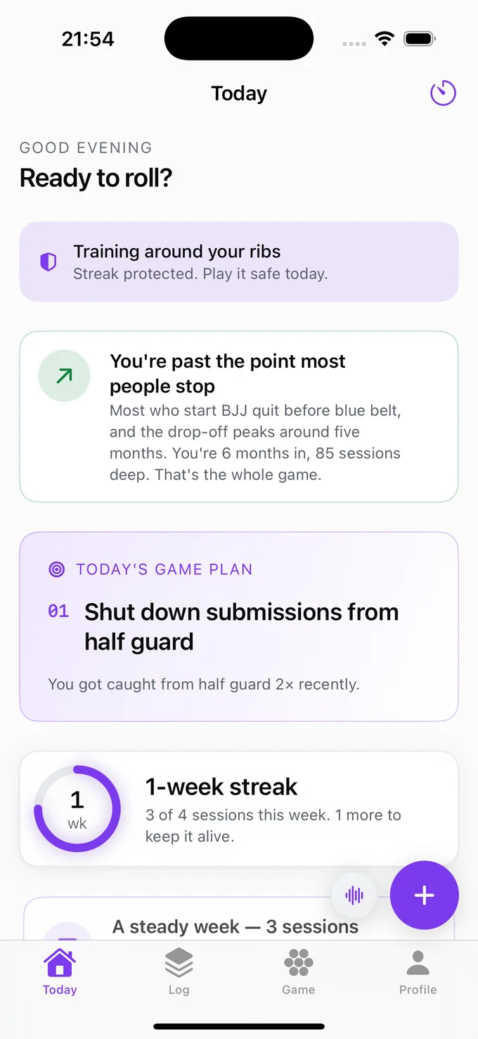 Frame — today, personalized: injury-aware, with a game plan built from your own leaks